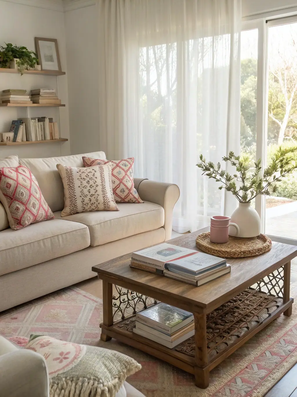 A brightly lit living room showcasing a minimalist design with clean lines, neutral colors, and minimal decor.