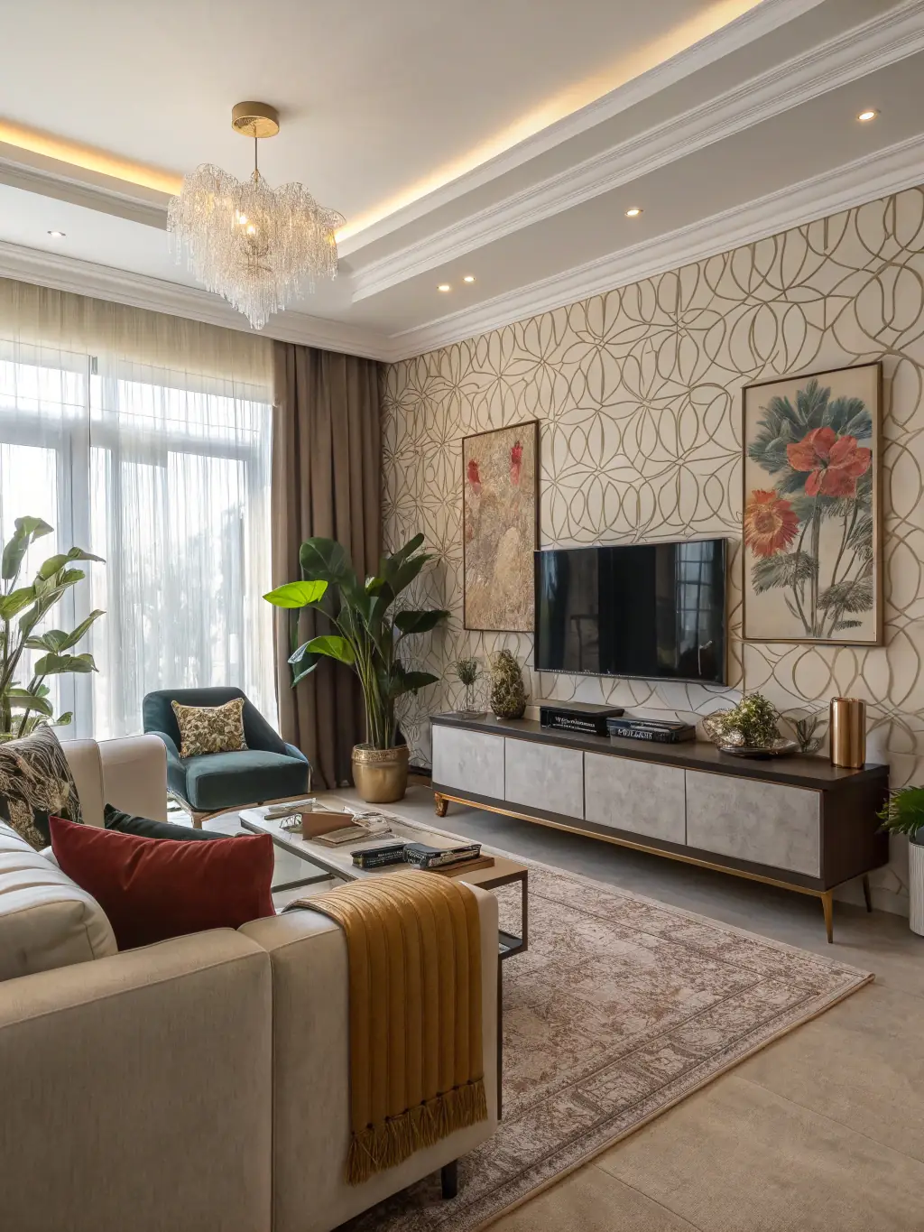 A modern living room with bold geometric patterns, vibrant colors, and sleek furniture, showcasing a contemporary and artistic style.