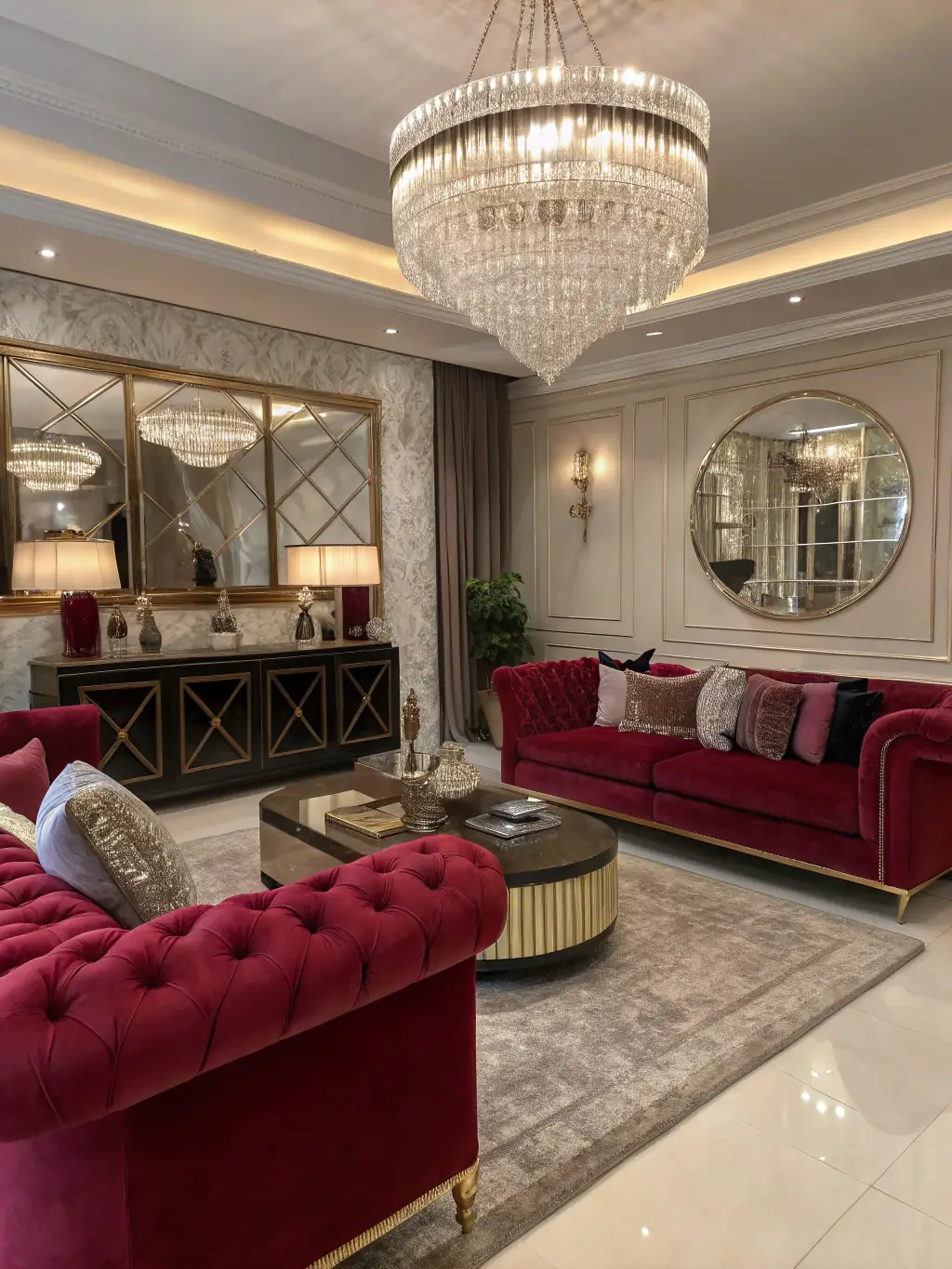 An elegant living room featuring classic furniture, ornate details, and luxurious fabrics, exuding sophistication and timeless beauty.